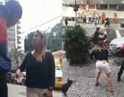 Mulher agride entregadores em São Conrado (Foto: Reprodução/TV Globo)